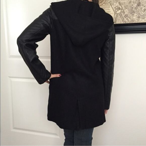 Jolt Faux Leather Sleeve Parka Hooded Womens Large Wool Blend Peacoat - Picture 3 of 10